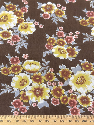 Vintage Fabric 1970s Light Weight Cotton Dark Brown Base w/ Floral 88cm Wide