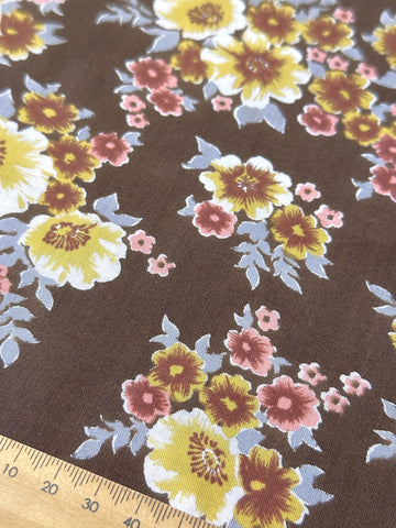 Vintage Fabric 1970s Light Weight Cotton Dark Brown Base w/ Floral 88cm Wide