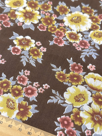 Vintage Fabric 1970s Light Weight Cotton Dark Brown Base w/ Floral 88cm Wide