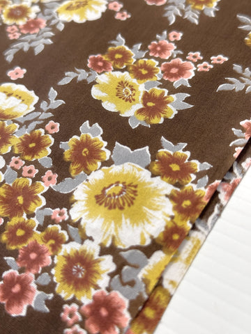 Vintage Fabric 1970s Light Weight Cotton Dark Brown Base w/ Floral 88cm Wide