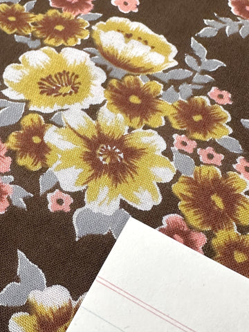 Vintage Fabric 1970s Light Weight Cotton Dark Brown Base w/ Floral 88cm Wide