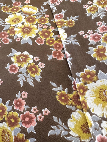 Vintage Fabric 1970s Light Weight Cotton Dark Brown Base w/ Floral 88cm Wide