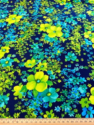 LAST PIECE Vintage Fabric 1960s Retro Brushed Cotton w/ Blue Green Floral on Navy 112cm x 50cm