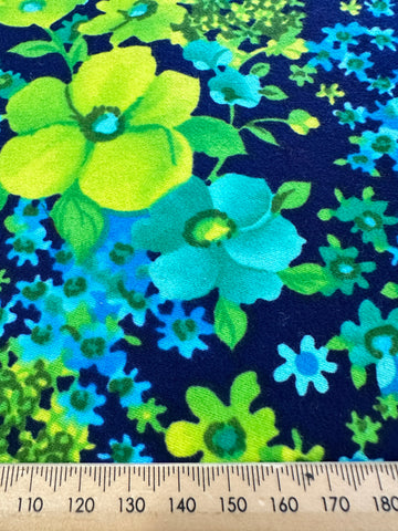 LAST PIECE Vintage Fabric 1960s Retro Brushed Cotton w/ Blue Green Floral on Navy 112cm x 50cm