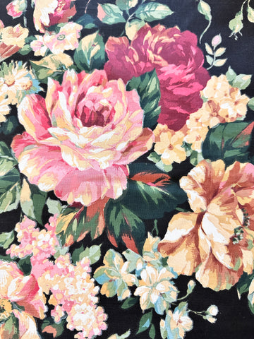 LAST PIECE Vintage Fabric 1980s? Cotton Blend Light Weight Floral Cluster on Black 69cm x 62cm