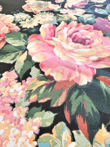LAST PIECE Vintage Fabric 1980s? Cotton Blend Light Weight Floral Cluster on Black 69cm x 62cm