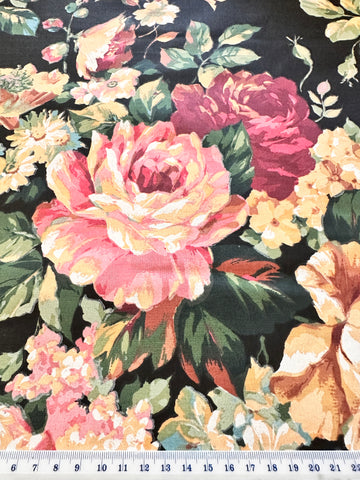 LAST PIECE Vintage Fabric 1980s? Cotton Blend Light Weight Floral Cluster on Black 69cm x 62cm