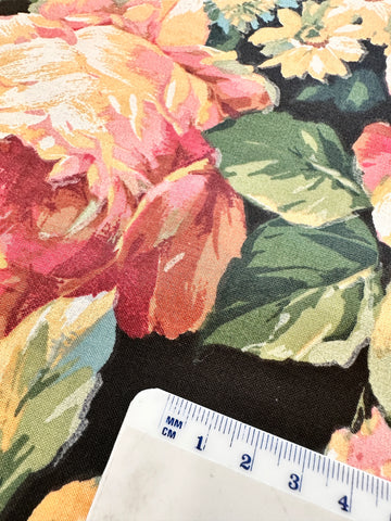 LAST PIECE Vintage Fabric 1980s? Cotton Blend Light Weight Floral Cluster on Black 69cm x 62cm