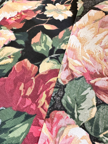LAST PIECE Vintage Fabric 1980s? Cotton Blend Light Weight Floral Cluster on Black 69cm x 62cm