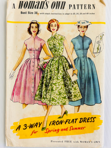 3-WAY IRON FLAT DRESS: Woman's Own Size 12? Bust 32-40 Unused FF 1950s?
