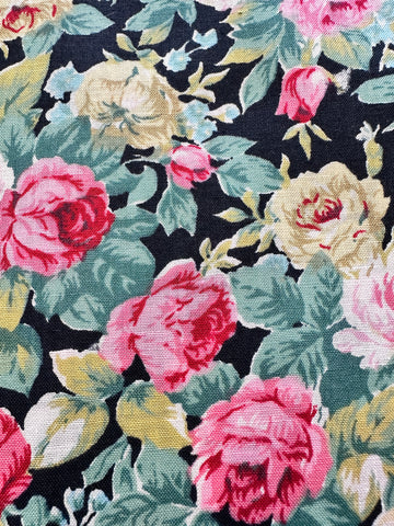 Vintage Fabric Light Weight Cotton Beautiful Medium Roses on Black Base 110cm Wide