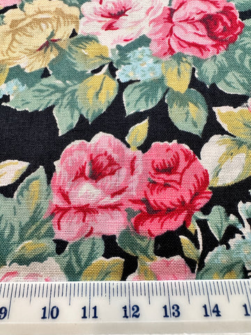 Vintage Fabric Light Weight Cotton Beautiful Medium Roses on Black Base 110cm Wide
