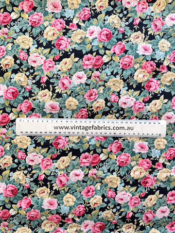 Vintage Fabric Light Weight Cotton Beautiful Medium Roses on Black Base 110cm Wide