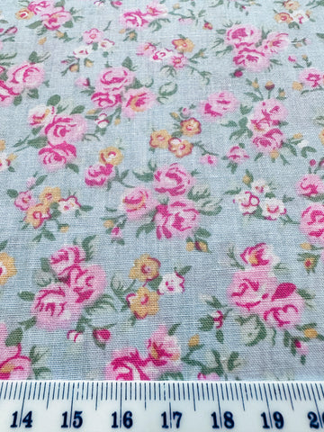 LAST PIECE Vintage Fabric Light Weight Cotton Blend Pale Grey Blue Base w/ Small Pink Flowers 112cm Wide