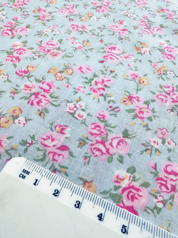 LAST PIECE Vintage Fabric Light Weight Cotton Blend Pale Grey Blue Base w/ Small Pink Flowers 112cm Wide