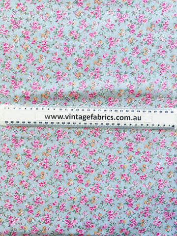 LAST PIECE Vintage Fabric Light Weight Cotton Blend Pale Grey Blue Base w/ Small Pink Flowers 112cm Wide