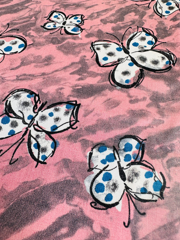 1m LEFT: Vintage Fabric 1940s 1950s Dress Cotton w/ Butterflies on Dusky Pink