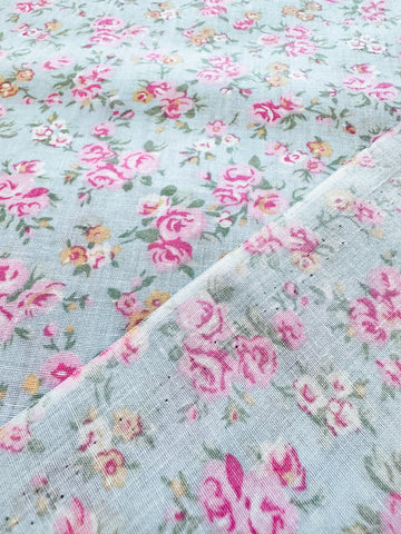 LAST PIECE Vintage Fabric Light Weight Cotton Blend Pale Grey Blue Base w/ Small Pink Flowers 112cm Wide