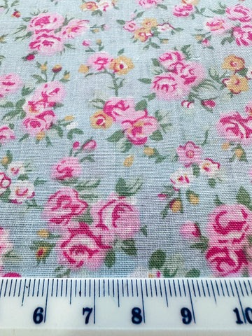 LAST PIECE Vintage Fabric Light Weight Cotton Blend Pale Grey Blue Base w/ Small Pink Flowers 112cm Wide