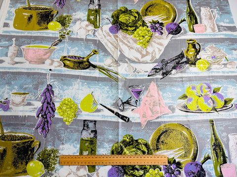 SINGLE REMNANT: Vintage Fabric 1960s Cotton Chintz Novelty Kitchen Scene Fruit Matchmaker 92cm x 76cm