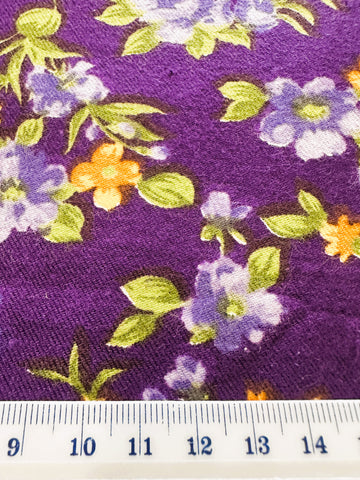 Vintage Fabric 1970s Brushed Cotton w/ Purple Base & Bright Small Floral 90cm Wide