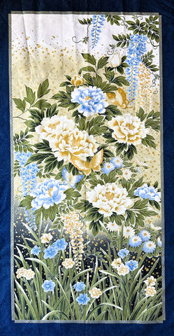 LAST PANEL Modern Fabric 2013 Kona Bay Garden of Dreams Oriental Floral Cotton Quilt Panel Blue Border 112cm x 58cm