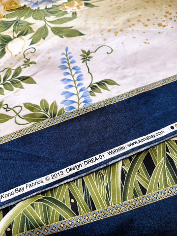 LAST PANEL Modern Fabric 2013 Kona Bay Garden of Dreams Oriental Floral Cotton Quilt Panel Blue Border 112cm x 58cm