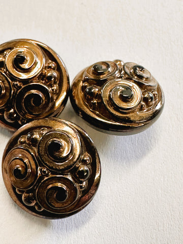 Vintage Buttons 1930s? Czech? Black Glass w/ Brown Bronze Nouveau Style Top Shank 14mm