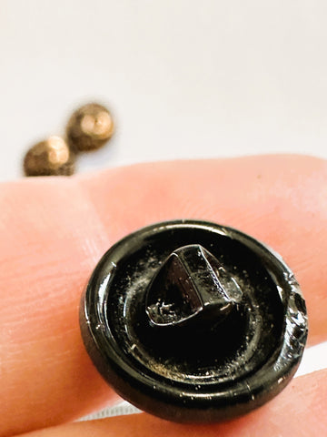 Vintage Buttons 1930s? Czech? Black Glass w/ Brown Bronze Nouveau Style Top Shank 14mm