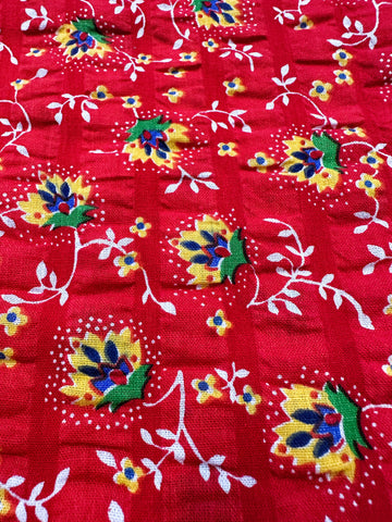 Vintage Fabric 1970s Cotton Seersucker Red & White Flowers Leaves Hippie Boho 98cm Wide