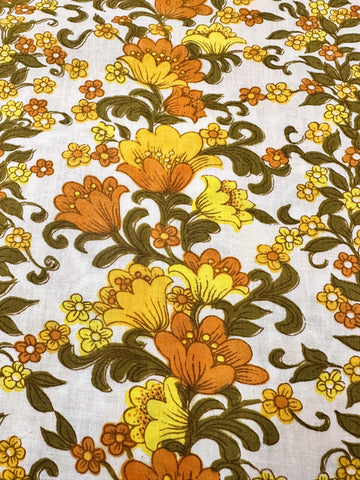 FAT QUARTER Vintage Fabric 1970s Cotton Sheeting Retro Flower Power Orange Yellow Floral 50cm x 50cm