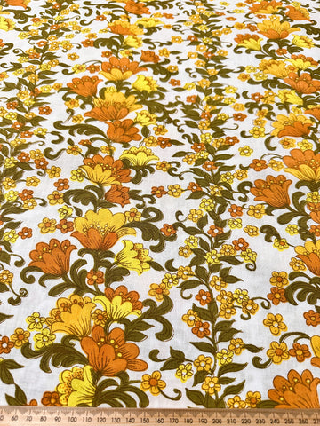 Vintage Fabric 1970s Cotton Sheeting Retro Flower Power Orange Yellow Floral 100cm Wide
