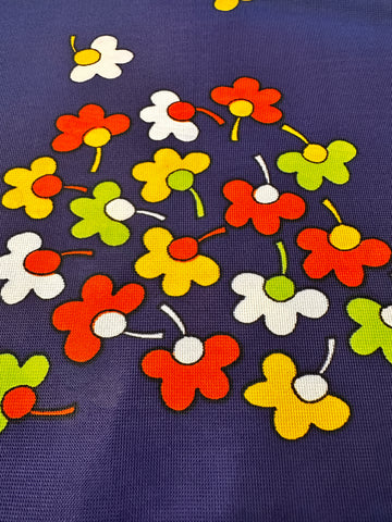 Vintage Fabric 1960s 70s Mod Hippie Retro Colourful Daisies on Navy Synthetic 90cm Wide