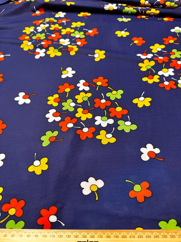 Vintage Fabric 1960s 70s Mod Hippie Retro Colourful Daisies on Navy Synthetic 90cm Wide