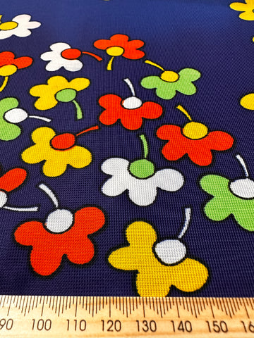 Vintage Fabric 1960s 70s Mod Hippie Retro Colourful Daisies on Navy Synthetic 90cm Wide