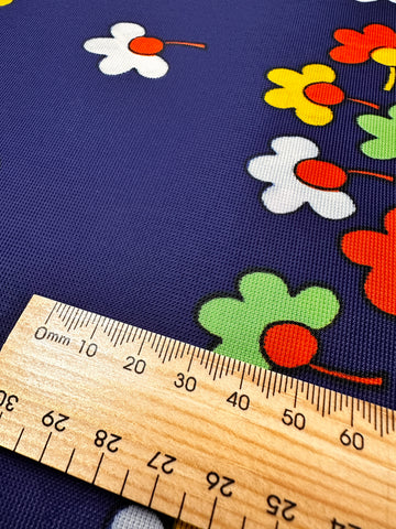 Vintage Fabric 1960s 70s Mod Hippie Retro Colourful Daisies on Navy Synthetic 90cm Wide