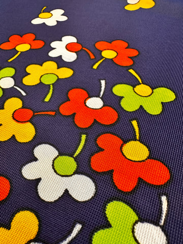 Vintage Fabric 1960s 70s Mod Hippie Retro Colourful Daisies on Navy Synthetic 90cm Wide