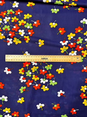 Vintage Fabric 1960s 70s Mod Hippie Retro Colourful Daisies on Navy Synthetic 90cm Wide