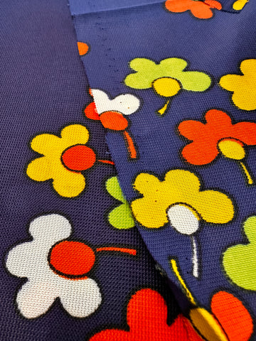 Vintage Fabric 1960s 70s Mod Hippie Retro Colourful Daisies on Navy Synthetic 90cm Wide