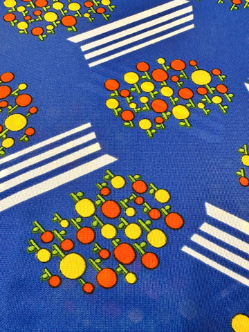 Vintage Fabric 1960s 70s Mod Hippie Bright Circle Flowers on Dark Sky Blue Synthetic 90cm Wide