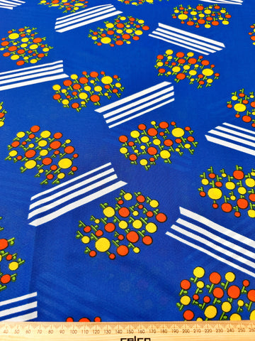 Vintage Fabric 1960s 70s Mod Hippie Bright Circle Flowers on Dark Sky Blue Synthetic 90cm Wide