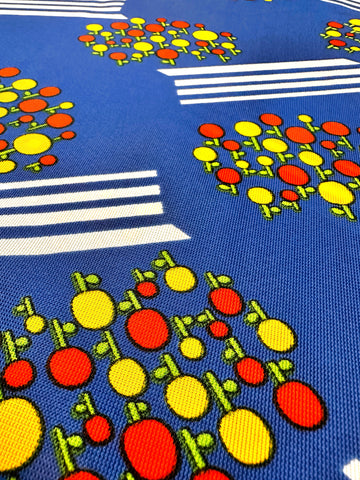 Vintage Fabric 1960s 70s Mod Hippie Bright Circle Flowers on Dark Sky Blue Synthetic 90cm Wide