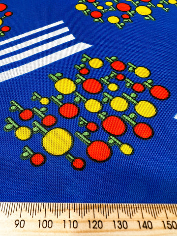 Vintage Fabric 1960s 70s Mod Hippie Bright Circle Flowers on Dark Sky Blue Synthetic 90cm Wide