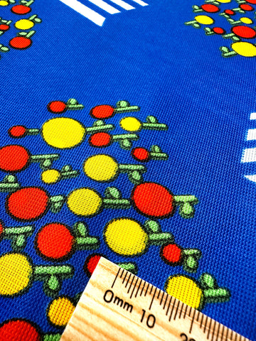 Vintage Fabric 1960s 70s Mod Hippie Bright Circle Flowers on Dark Sky Blue Synthetic 90cm Wide