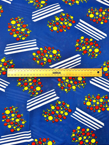 Vintage Fabric 1960s 70s Mod Hippie Bright Circle Flowers on Dark Sky Blue Synthetic 90cm Wide