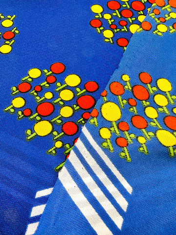 Vintage Fabric 1960s 70s Mod Hippie Bright Circle Flowers on Dark Sky Blue Synthetic 90cm Wide