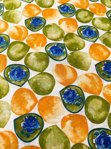 Vintage Fabric 1960s Blue Roses in Orange Green Circkes Dress Cotton 88cm Wide