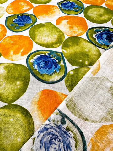 Vintage Fabric 1960s Blue Roses in Orange Green Circkes Dress Cotton 88cm Wide