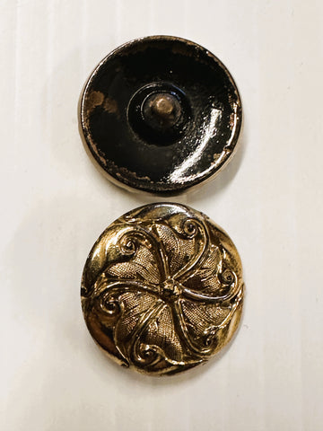2 BUTTONS LEFT: Vintage MCM 40s 50s Black Glass Buttons Gold Filigree Detailed Top 4-Way Shank 22mm