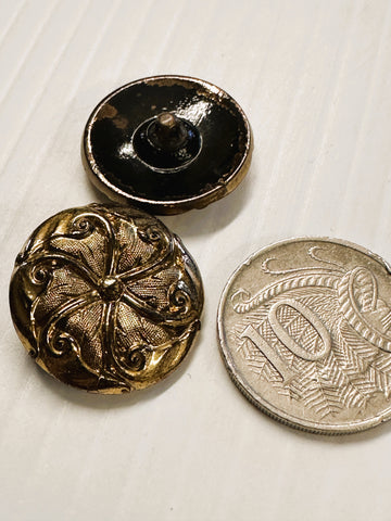 2 BUTTONS LEFT: Vintage MCM 40s 50s Black Glass Buttons Gold Filigree Detailed Top 4-Way Shank 22mm